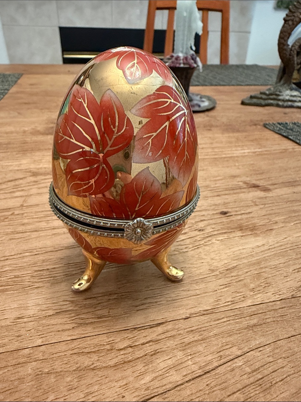 Gold Tone Enamel Egg Trinket Box with Red Floral Detail